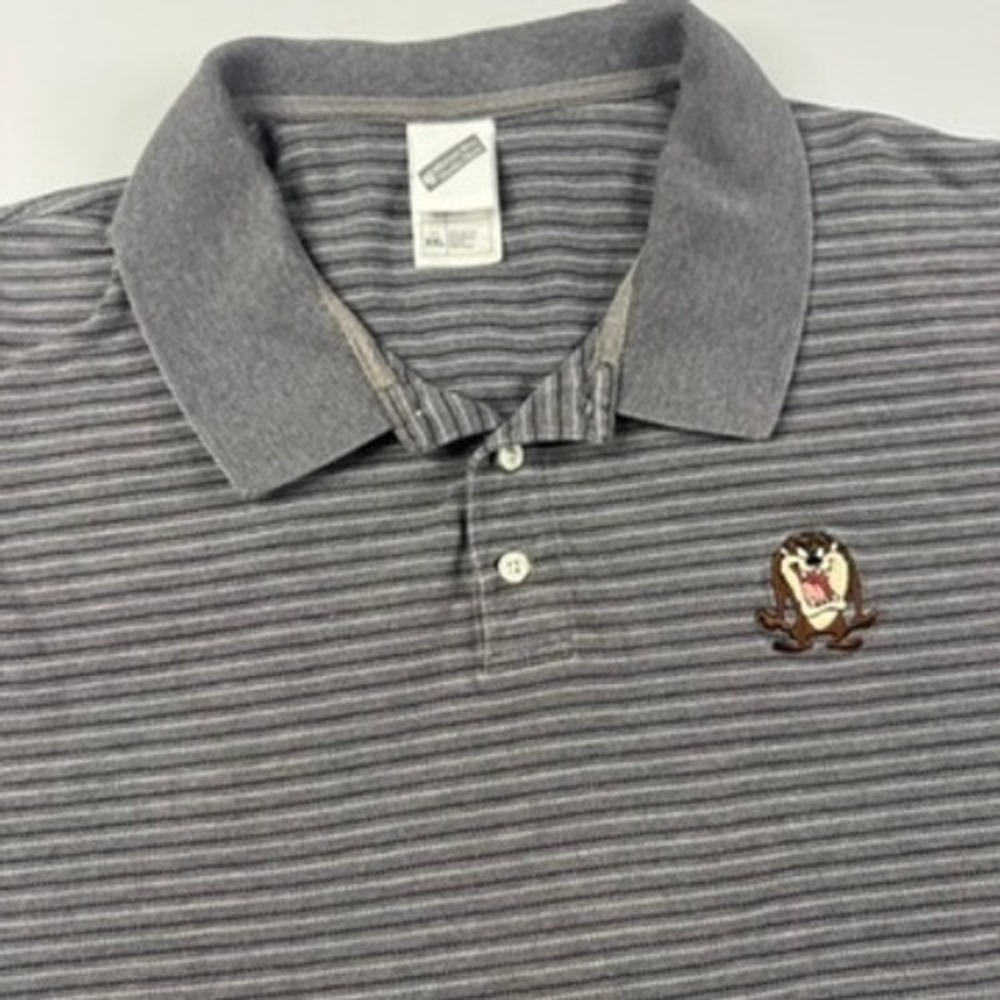 Vintage Warner Bros Looney Tunes‎ Taz Striped Polo Shirt Mens XXL Grey Y2K
